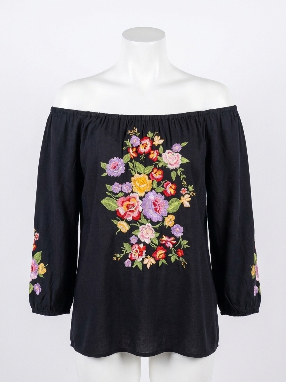 NEW PAPARAZZI viscose embroidered off-shoulder pull-over shirt in black